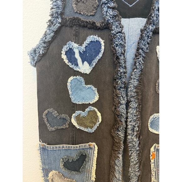 Vintage Denim Distressed Heart Valentine Vest Pockets Black Blue‎ - Picture 3 of 8